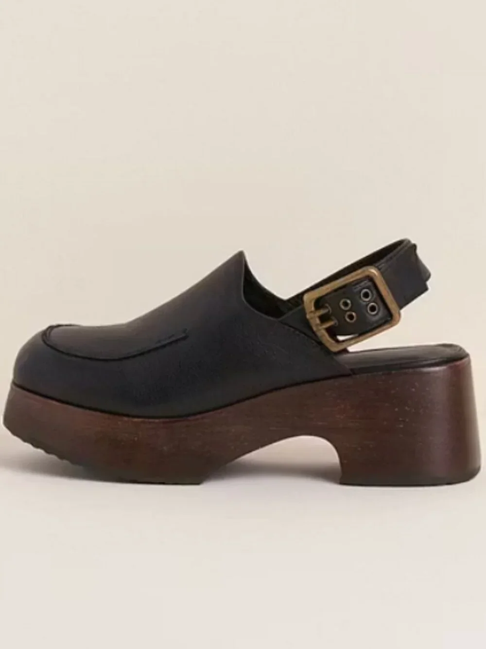 Black Buckle Strap Square Toe Chunky Heel Platform Slingback Shoes